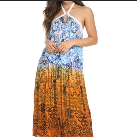 RAGA Dresses & Skirts - Anthropologie RAGA Until Sunrise Tiered Halter Midi Dress Blue Rust Ruffled XS